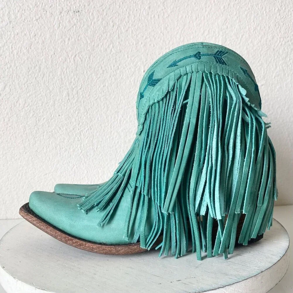 Lane Junk Gypsy Spitfire Fringe Cowboy Boots Turquoise Short Ankle Booties 5 New